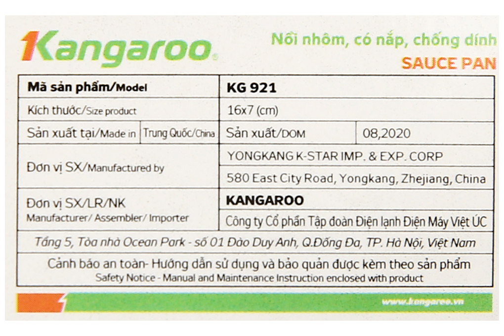 Quánh nhôm chống dính nắp kính 16 cm Kangaroo KG921