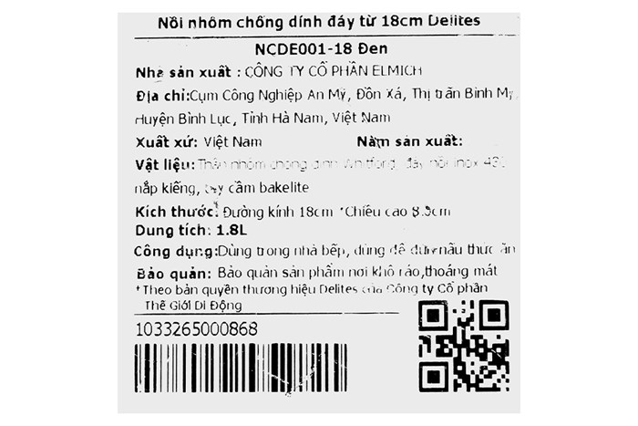 Nồi nhôm chống dính nắp kính 18 cm Delites NCDE001-18 Màu Đen