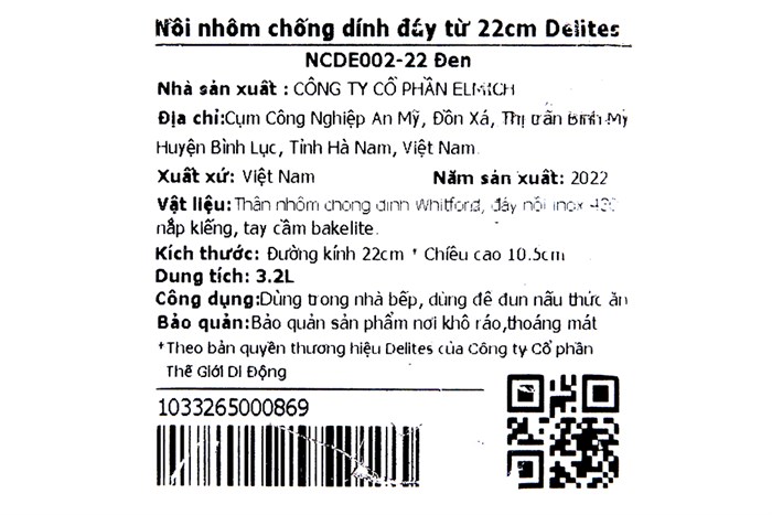 Nồi nhôm chống dính nắp kính 22 cm Delites NCDE002-22 Màu Đen
