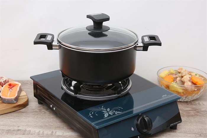 Nồi nhôm chống dính nắp kính 22 cm Delites NCDE002-22 Màu Đen