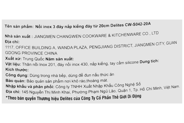 Nồi inox 3 đáy nắp kính 20 cm Delites CW-S042-20A Màu Bạc Inox