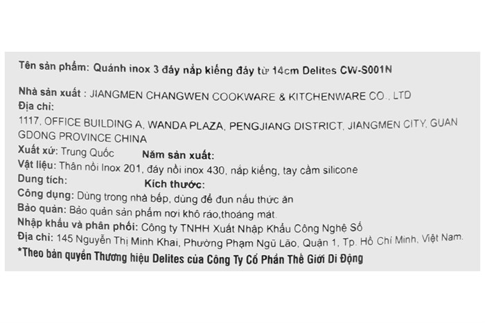 Quánh inox 3 đáy nắp kính 14 cm Delites CW-S001N Màu Bạc Inox