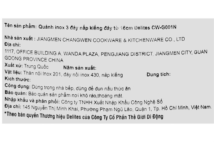 Quánh inox 3 đáy nắp kính 16 cm Delites CW-G001N Màu Bạc Inox