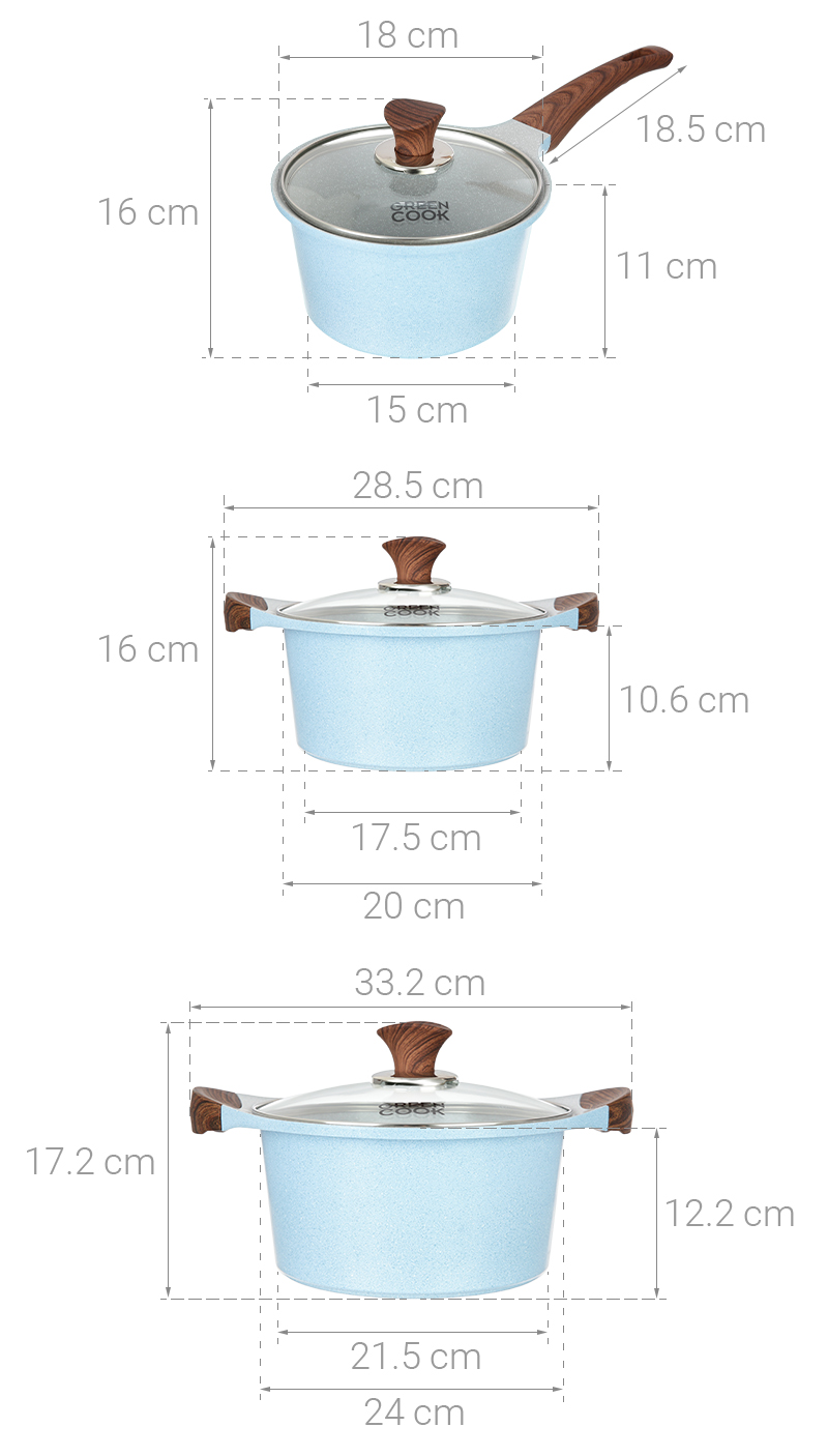 Bộ 3 cái nồi quánh Ceramic nắp kính Green Cook GCS22-T1
