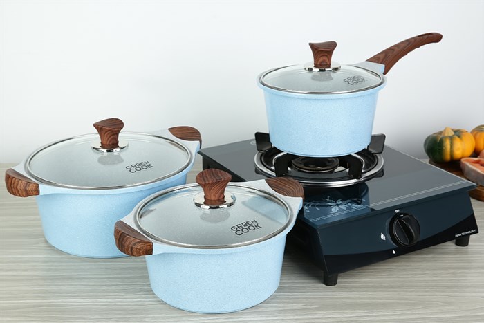 Bộ 3 cái nồi quánh Ceramic nắp kính Green Cook GCS22-T1 Màu Xanh Dương