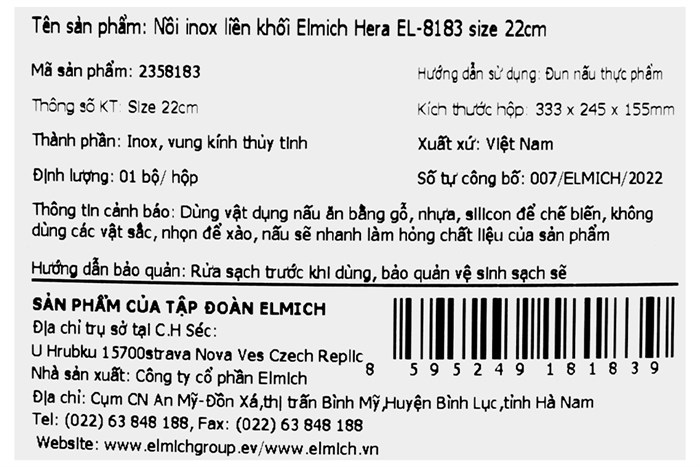 Nồi inox 3 đáy nắp kính 22 cm Elmich Hera EL-8183 Màu Tím