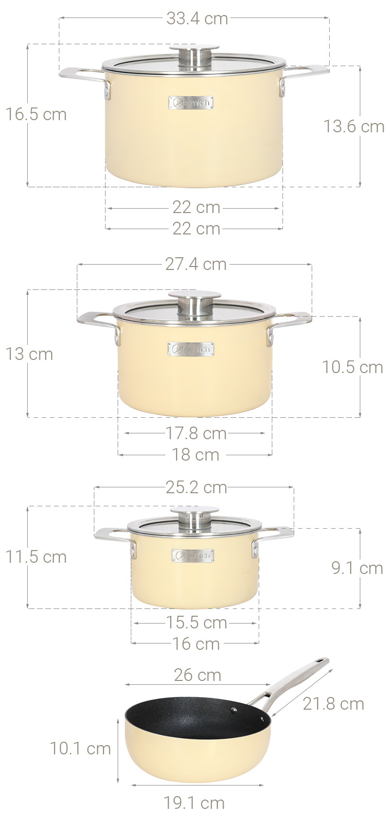 Bộ nồi chảo inox 3 đáy nắp kính Elmich Hera EL-8238