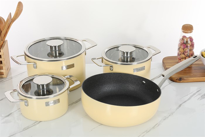 Bộ nồi chảo inox 3 đáy nắp kính Elmich Hera EL-8238 Màu Vàng