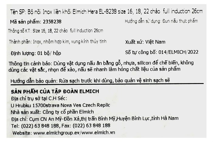 Bộ nồi chảo inox 3 đáy nắp kính Elmich Hera EL-8238 Màu Vàng