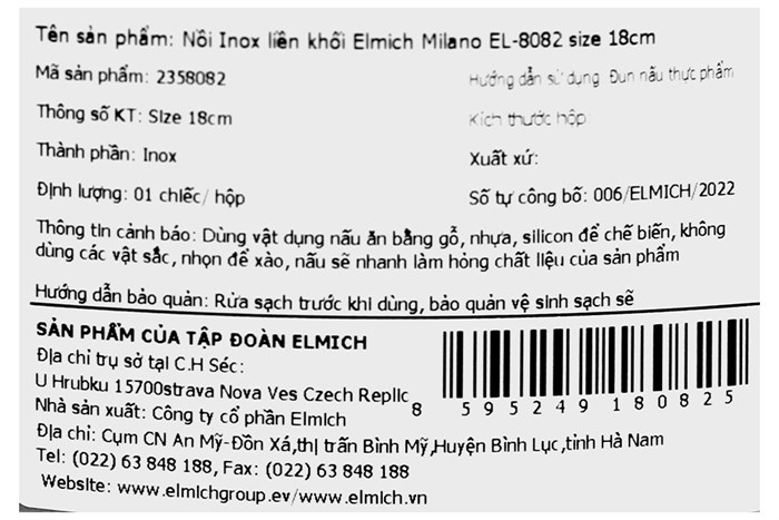 Nồi inox 3 đáy nắp kính 18 cm Elmich Milano EL-8082 Màu Inox