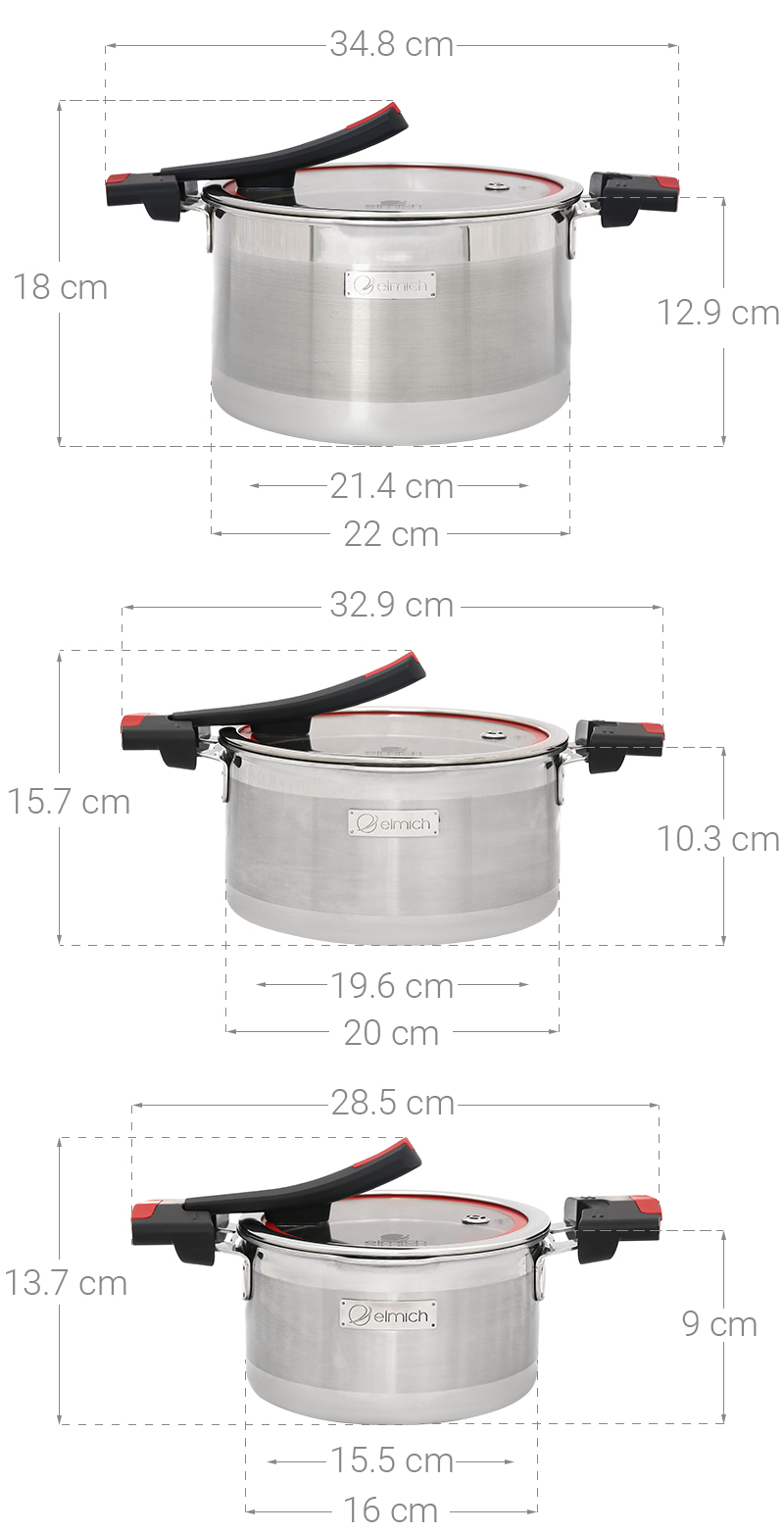 Bộ 3 nồi inox 3 đáy nắp kính Elmich Milano EL-8090