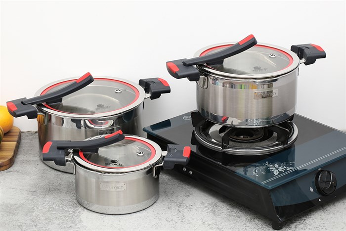 Bộ 3 nồi inox 3 đáy nắp kính Elmich Milano EL-8090 Màu Inox