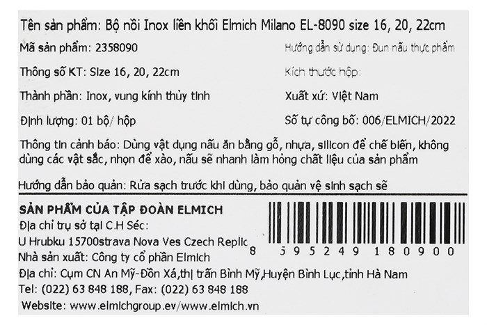 Bộ 3 nồi inox 3 đáy nắp kính Elmich Milano EL-8090 Màu Inox