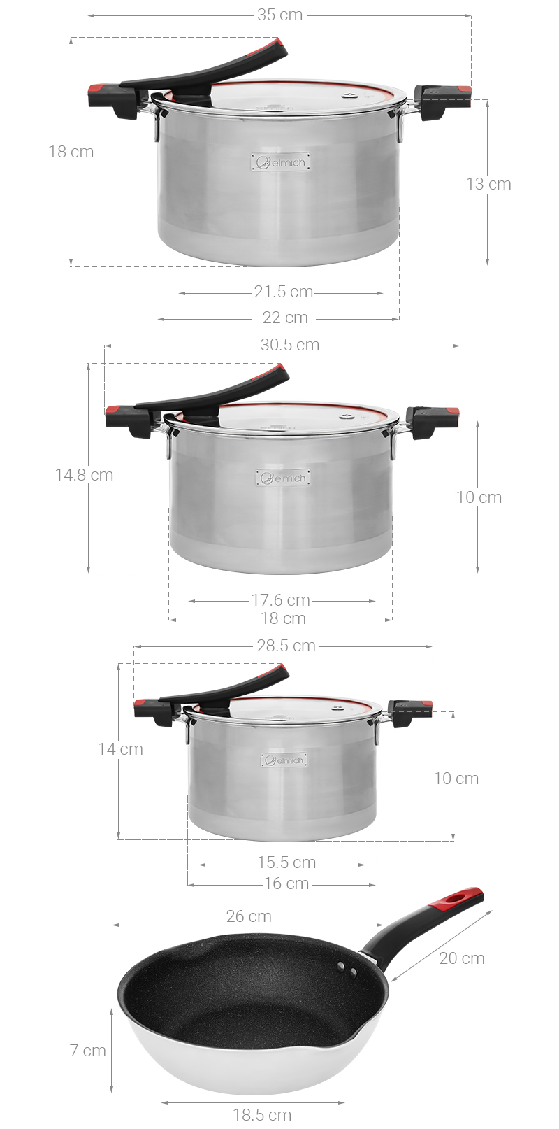 Bộ nồi chảo inox 3 đáy nắp kính Elmich Milano EL-8093