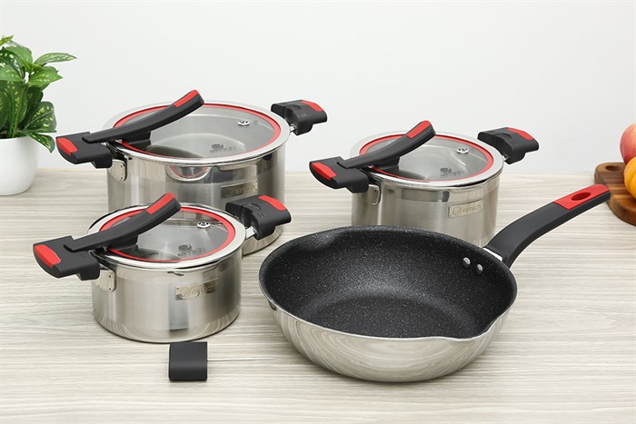 Bộ nồi chảo inox 3 đáy nắp kính Elmich Milano EL-8093 Màu Inox