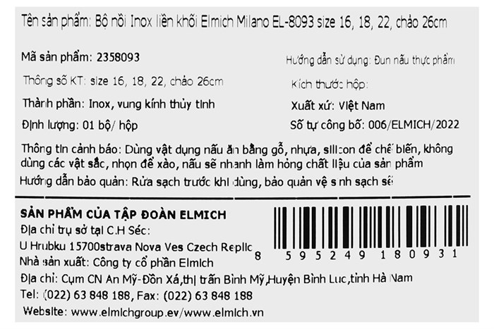 Bộ nồi chảo inox 3 đáy nắp kính Elmich Milano EL-8093 Màu Inox