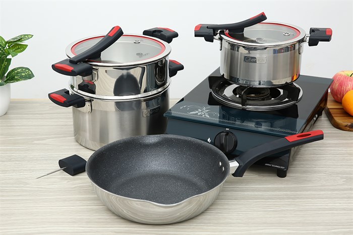 Bộ nồi chảo inox 3 đáy nắp kính Elmich Milano EL-8094 Màu Inox