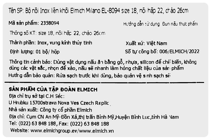 Bộ nồi chảo inox 3 đáy nắp kính Elmich Milano EL-8094 Màu Inox