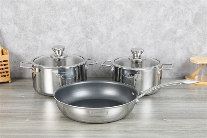 Bộ nồi chảo inox dập nguyên khối nắp kính Elmich Trimax Classic EL-2113OL Màu Bạc