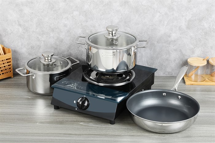 Bộ nồi chảo inox dập nguyên khối nắp kính Elmich Trimax Classic EL-2113OL Màu Bạc