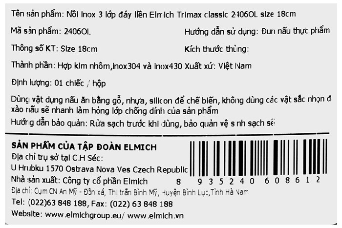 Nồi inox 3 đáy nắp kính 18 cm Elmich Trimax Classic 2406OL Màu Bạc