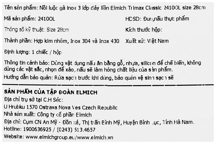 Nồi luộc gà inox 3 đáy nắp kính 28 cm Elmich Trimax Classic 2410OL Màu Bạc