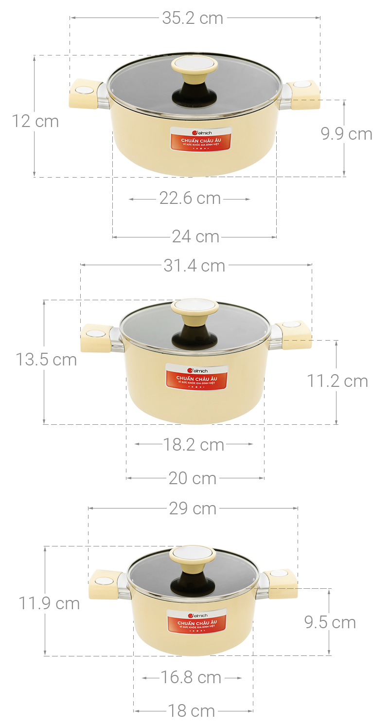 Bộ 3 nồi nhôm chống dính nắp kính Elmich EL-5112YA