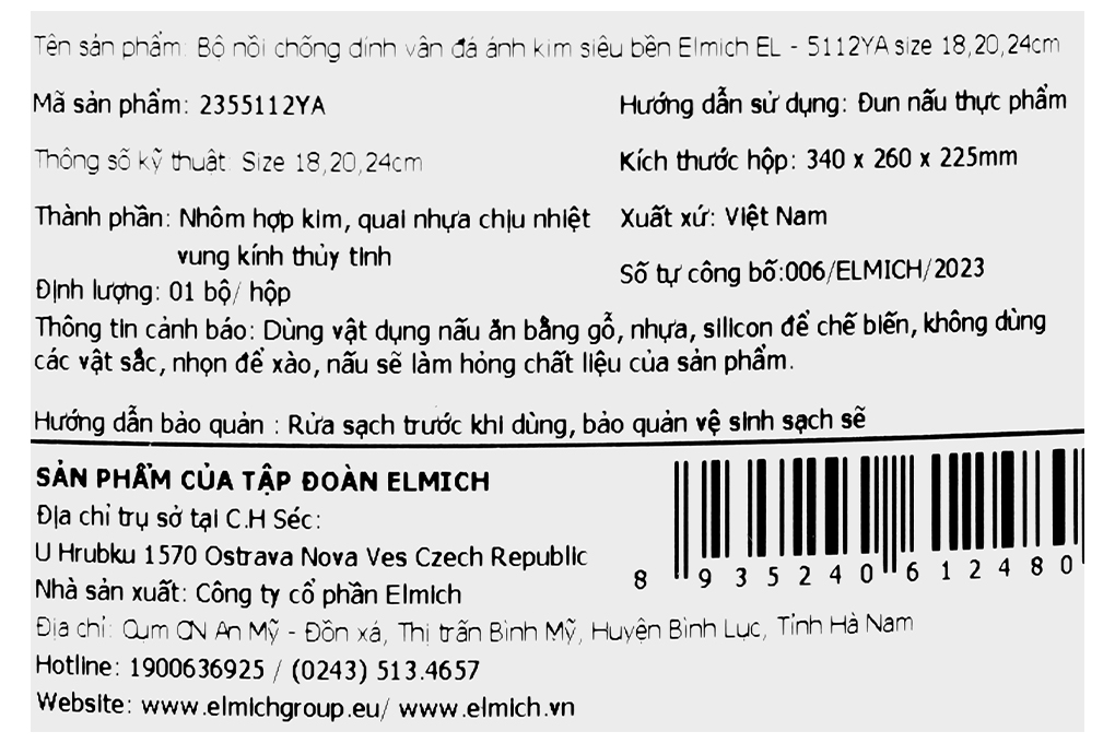 Bộ 3 nồi nhôm chống dính nắp kính Elmich EL-5112YA Màu Vàng