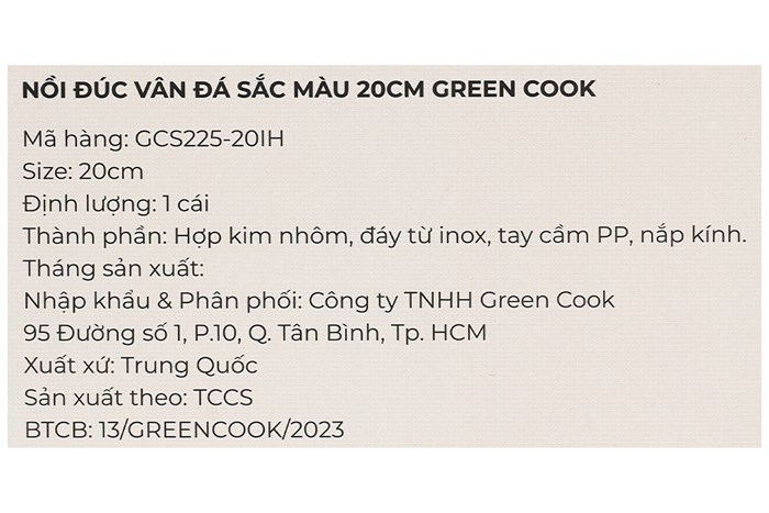Nồi nhôm chống dính nắp kính 20 cm Green Cook GCS225-20IH Màu Màu be