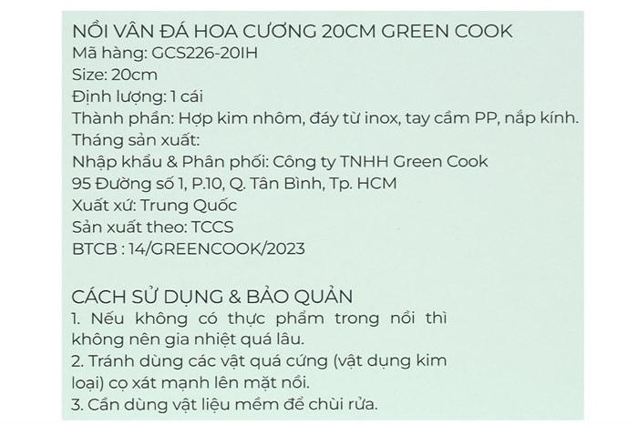 Nồi nhôm chống dính nắp kính 20 cm Green Cook GCS226-20IH Màu Xanh lá