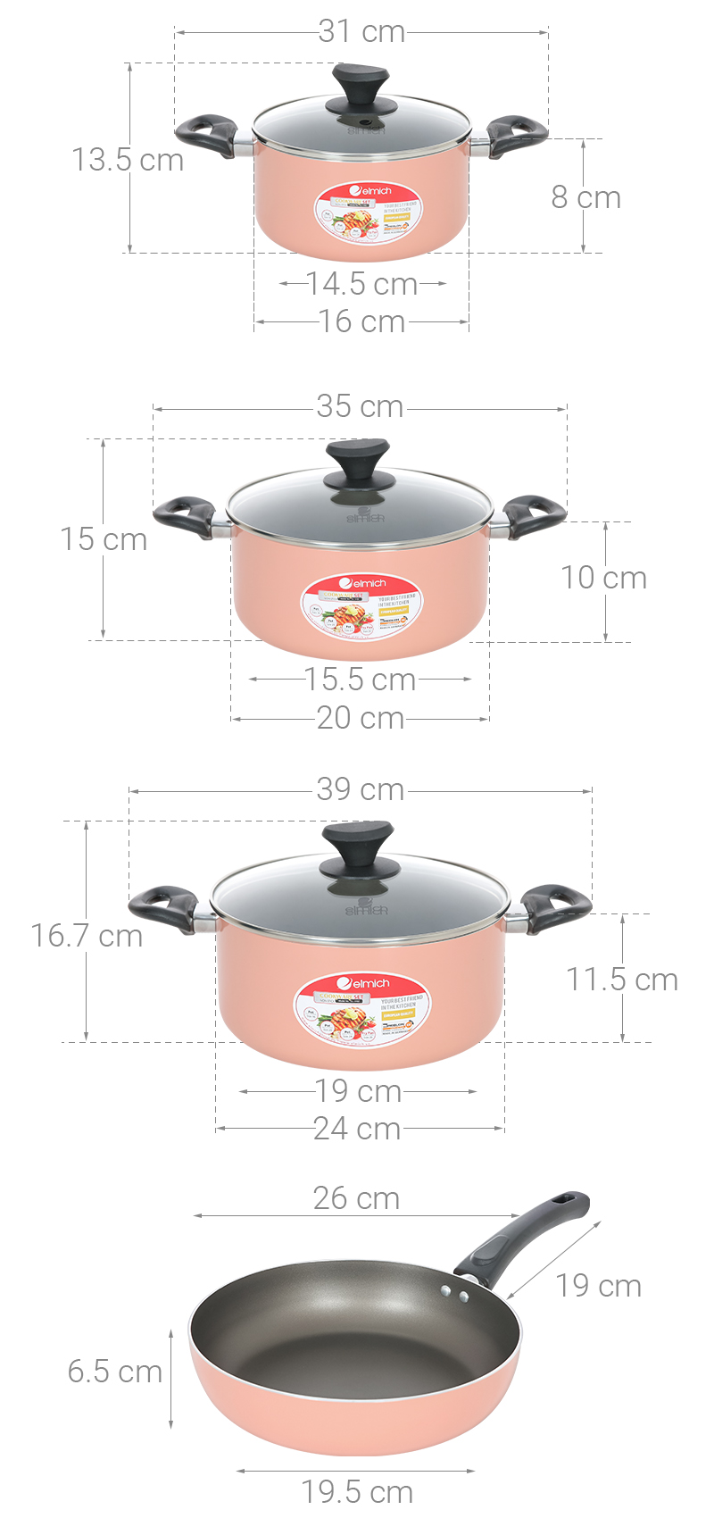 Bộ nồi chảo nhôm chống dính nắp kính Elmich EL1162E