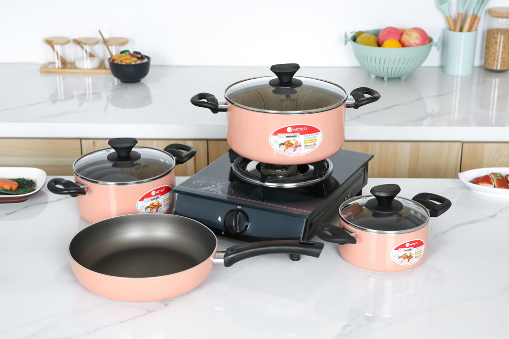 Bộ nồi chảo nhôm chống dính nắp kính Elmich EL1162E Màu Hồng đất