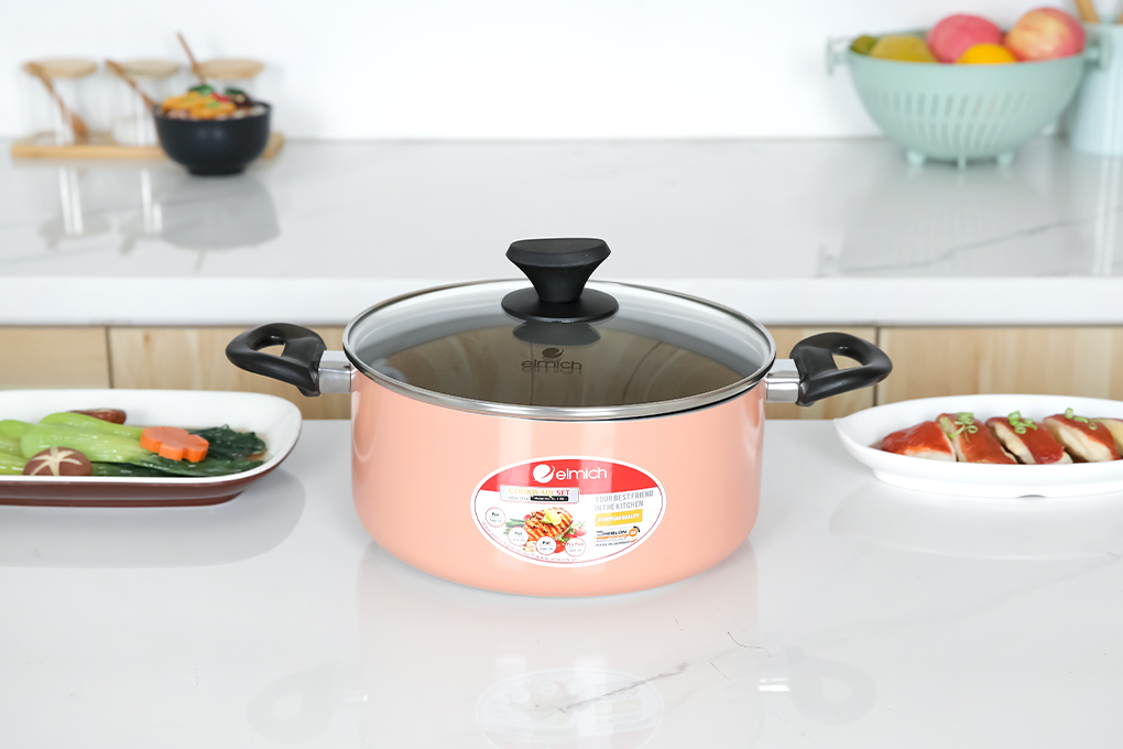 Bộ nồi chảo nhôm chống dính nắp kính Elmich EL1162E Màu Hồng đất
