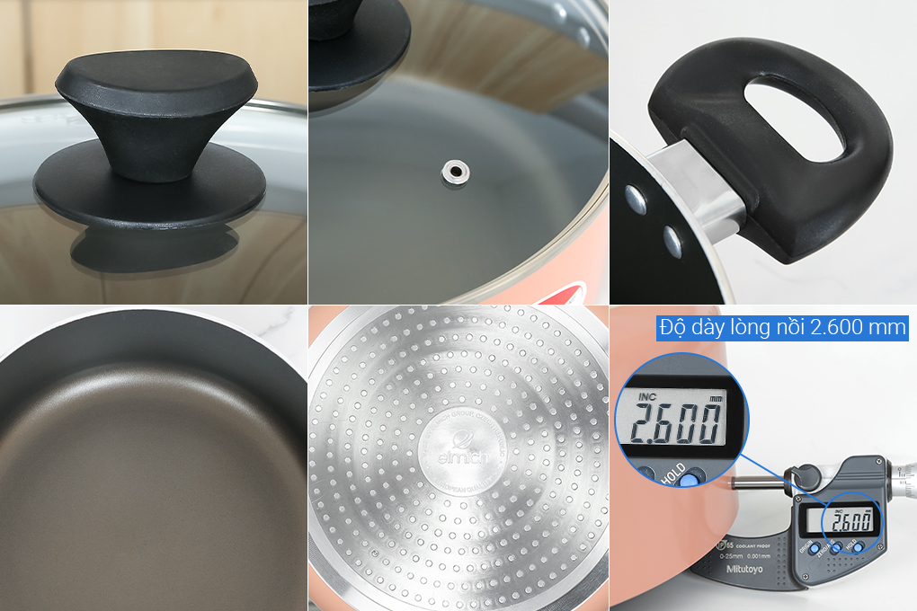 Bộ nồi chảo nhôm chống dính nắp kính Elmich EL1162E Màu Hồng đất