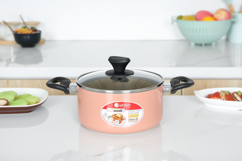 Bộ nồi chảo nhôm chống dính nắp kính Elmich EL1162E Màu Hồng đất