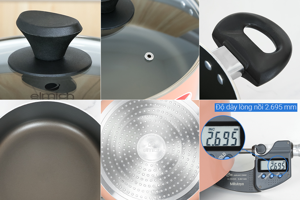 Bộ nồi chảo nhôm chống dính nắp kính Elmich EL1162E Màu Hồng đất