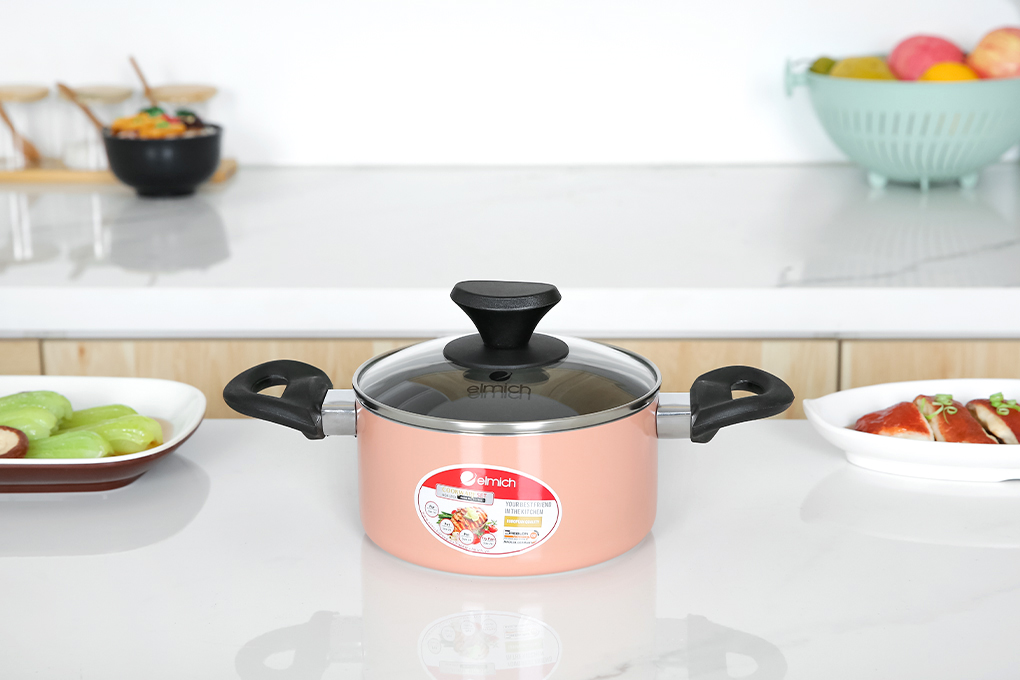 Bộ nồi chảo nhôm chống dính nắp kính Elmich EL1162E Màu Hồng đất