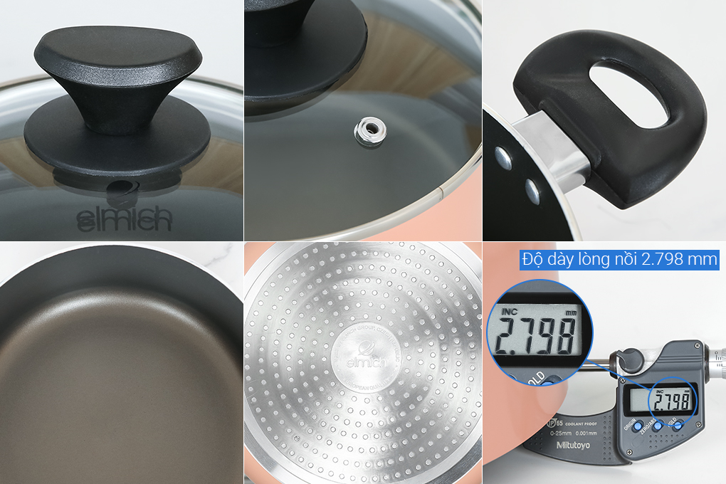 Bộ nồi chảo nhôm chống dính nắp kính Elmich EL1162E Màu Hồng đất