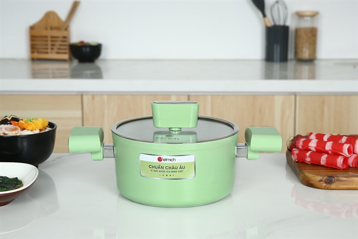 Nồi nhôm men sứ chống dính nắp kính 18 cm Elmich Hera II EL-5203GY18 Màu Xanh lá