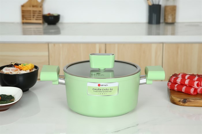 Nồi nhôm men sứ chống dính nắp kính 20 cm Elmich Hera II EL-5203GY20 Màu Xanh lá