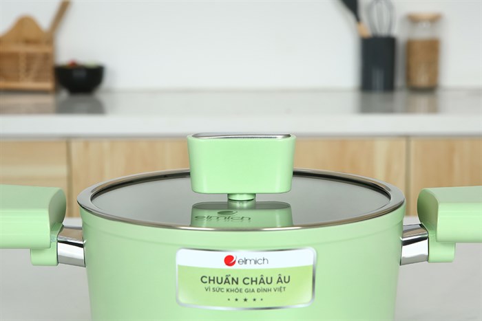 Nồi nhôm men sứ chống dính nắp kính 20 cm Elmich Hera II EL-5203GY20 Màu Xanh lá