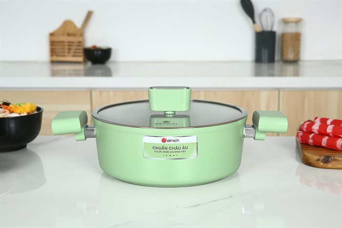 Nồi nhôm men sứ chống dính nắp kính 24 cm Elmich Hera II EL-5203GY24 Màu Xanh lá