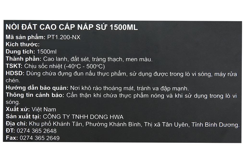 Nồi đất nắp sứ 20 cm Dong hwa PT1.200 Màu Nâu