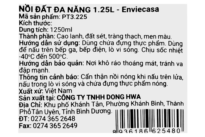 Nồi hấp đất nắp sứ 22 cm Dong hwa PT3.225 Màu Trắng