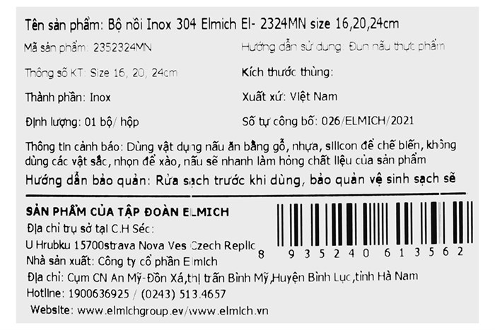 Bộ 3 nồi inox 3 đáy nắp kính Elmich EL-2324MN Màu Inox