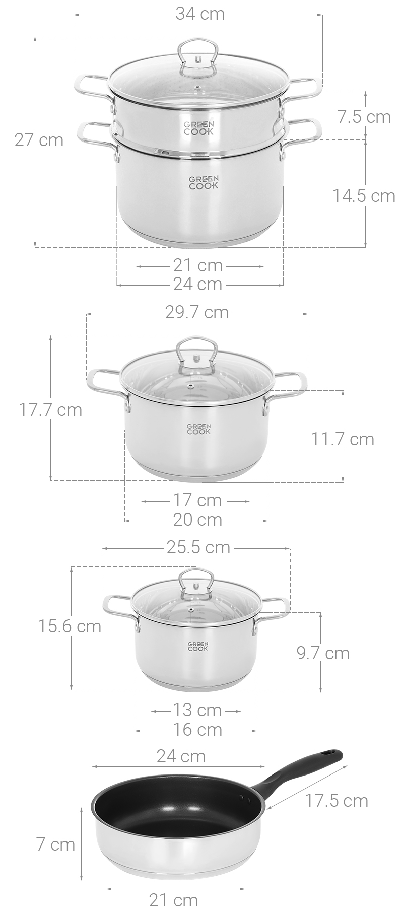 Bộ nồi chảo inox 5 đáy nắp kính Green Cook GCS241-T1