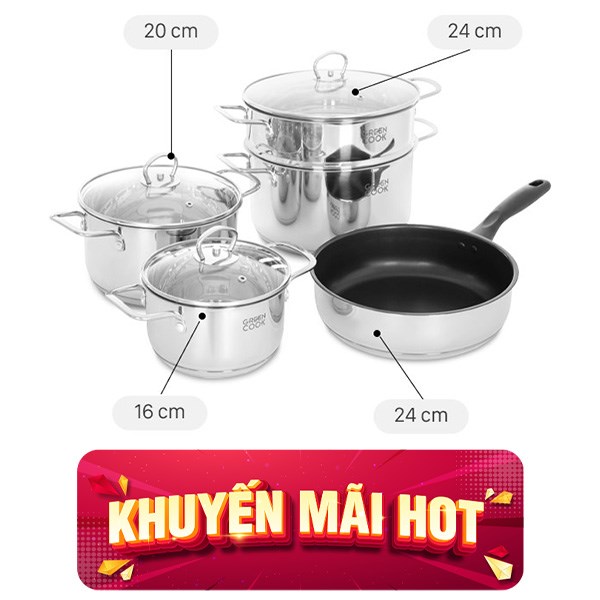Bộ nồi chảo inox 5 đáy nắp kính Green Cook GCS241-T1