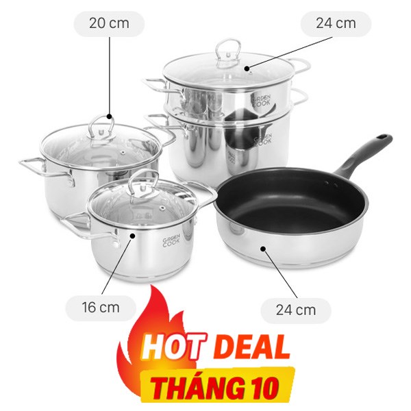Bộ nồi chảo inox 5 đáy nắp kính Green Cook GCS241-T1