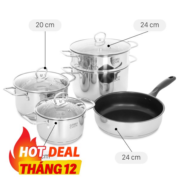 Bộ nồi chảo inox 5 đáy Green Cook GCS241-T1