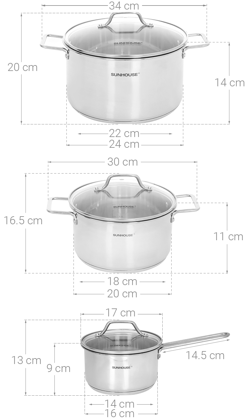 Bộ nồi quánh inox 5 đáy nắp kính Sunhouse SHG601